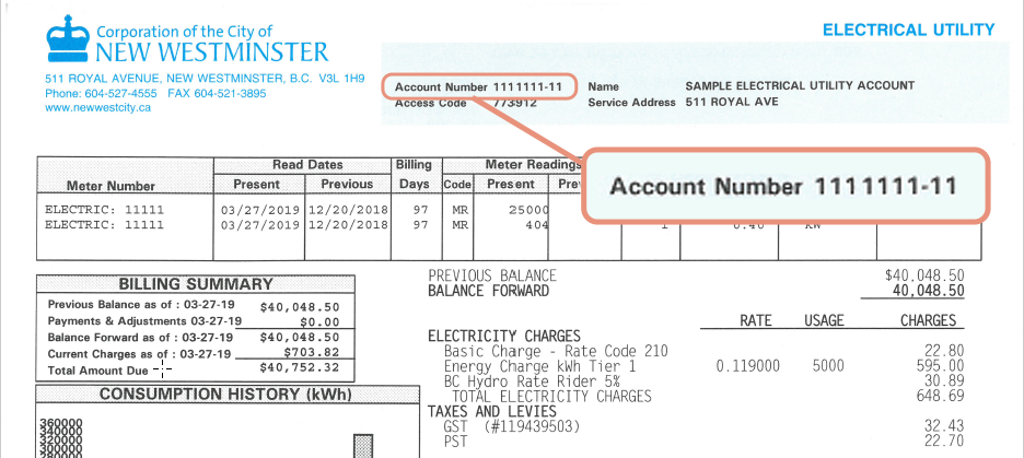 Example of a City of New Westminster account number