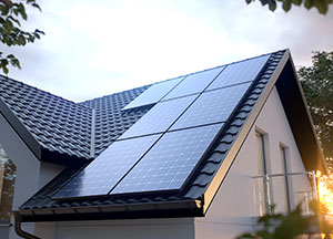 Solar panels installed on the roof of a residential home with sunlight shining in the background.