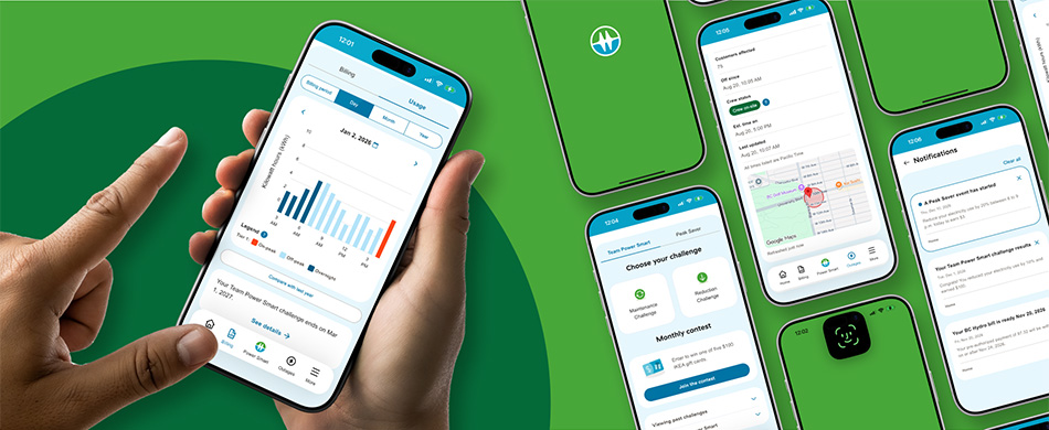 Hands using BC Hydro app with examples of different screens.