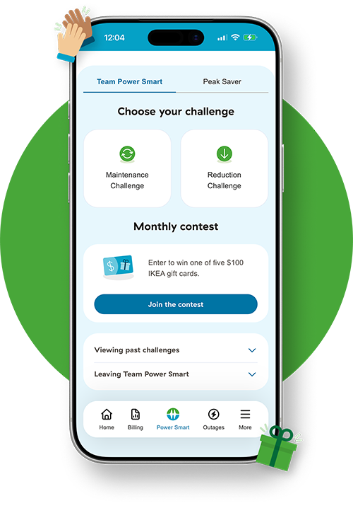Power Smart screen showing options for starting a Team Power Smart challenge.