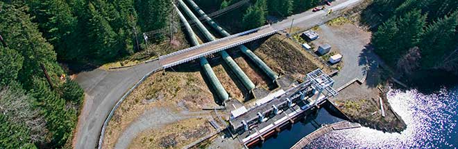 Image of aerial view of John Hart Generating Station Water intake at John Hart dam at Campbell River