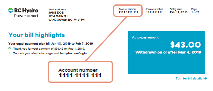 Example of a BC Hydro account number
